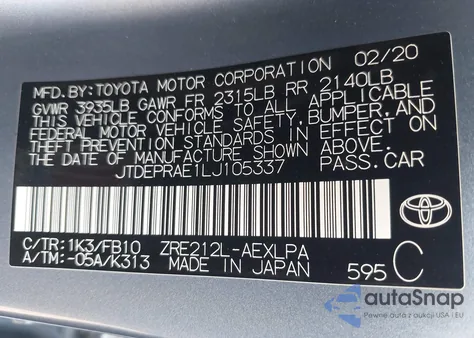 2020 Toyota Corolla Le from USA, damaged, VIN JTDEPRAE1LJ105337